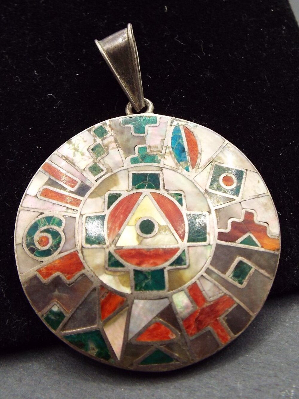 ANTIQUE PERVIAN INCA 950 SILVER STONE INLAY "PACHAMAMA" AND "CHAKANA" PENDANT 15